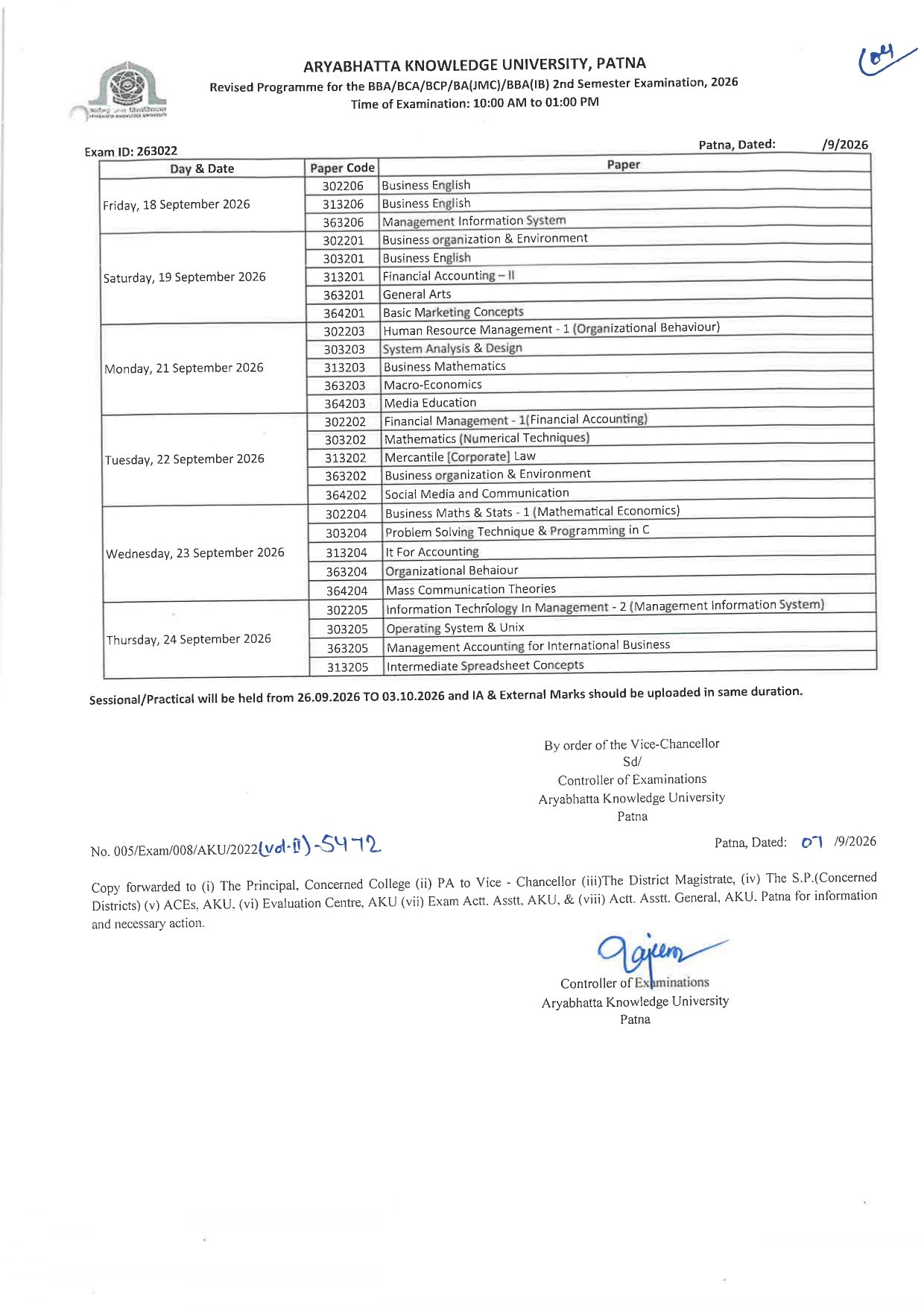 Revised Programme for the BBA/BCA/BCP/BA(JMC)/BBA(IB) 2nd Semester Examination, 2026.