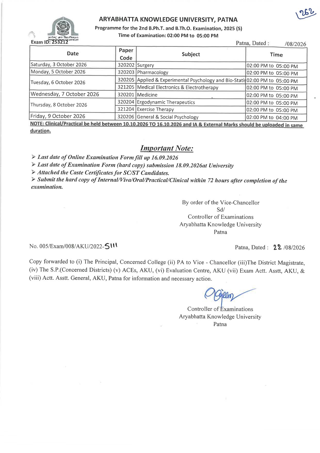 Programme for the 2nd B.Ph.T. and B.Th.O. Examination, 2025